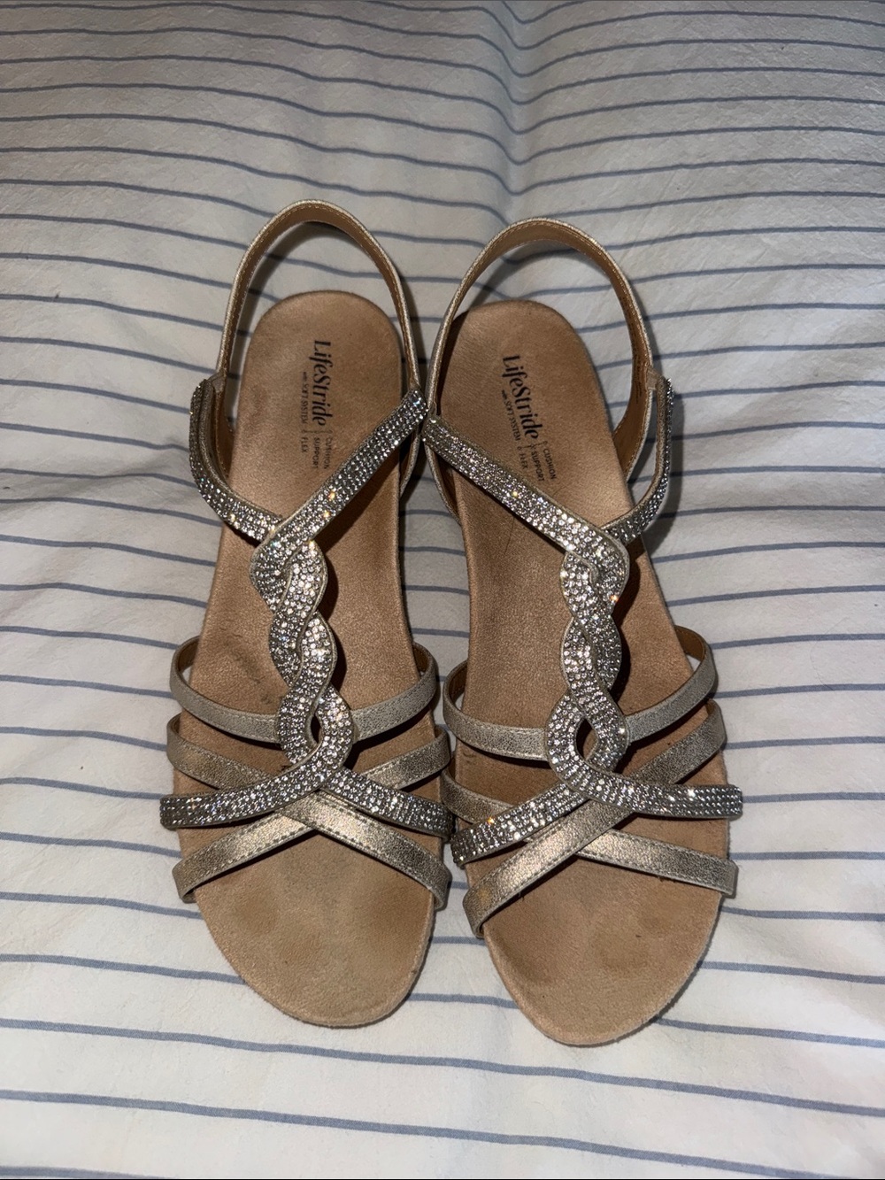 Life Stride Women's Gold Rhinestone Strappy Slingback Sandals